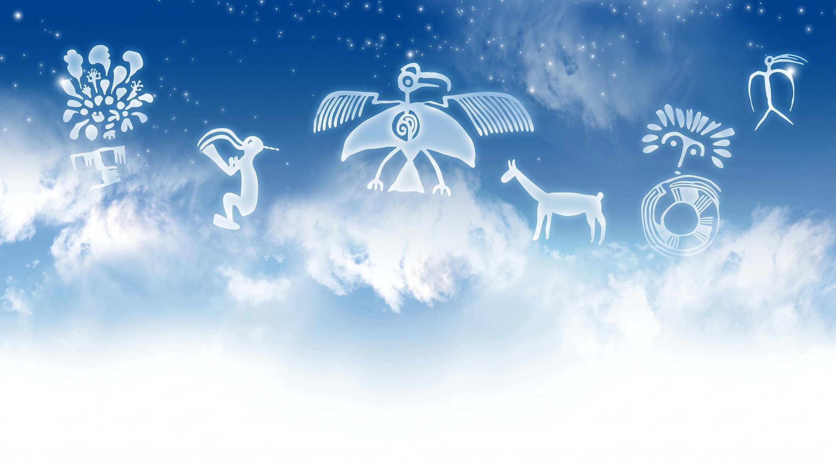 Símbolos de pueblos originarios sobre un cielo azul